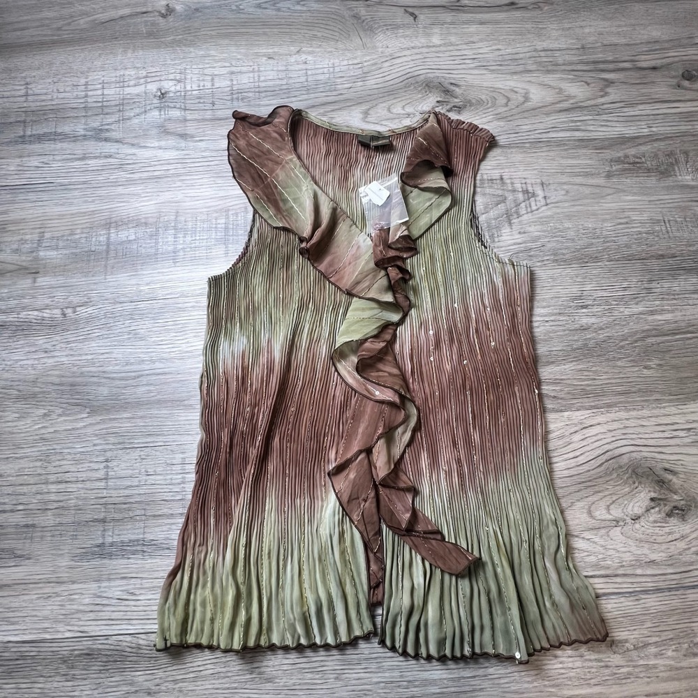 Serenade New York Blouse Womens XL Brown Green Pleated Ruffle Sequin Earthcore